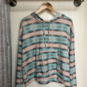 Aztec Stripe Hooded Pullover in Teal and Brown